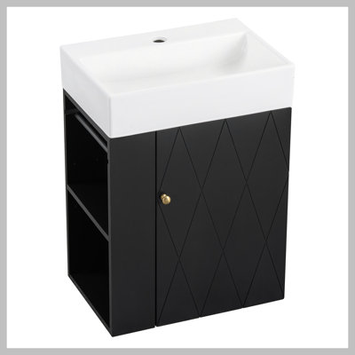 Meuble-lavabo de 20 po avec lavabo en céramique, porte à motif de losanges, poignées dorées et tablettes de rangement latérales - petit cabinet moderne avec barre à serviettes, fabrication en panneau de fibres à densité moyenne, assemblage requis