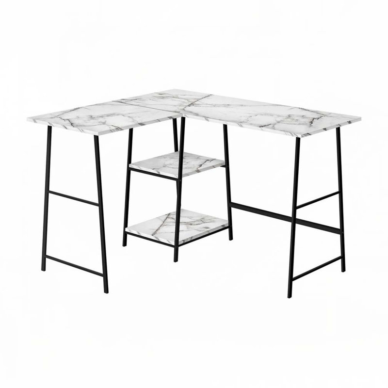 Bureau d'ordinateur en L Home Office, Marbre blanc / noir