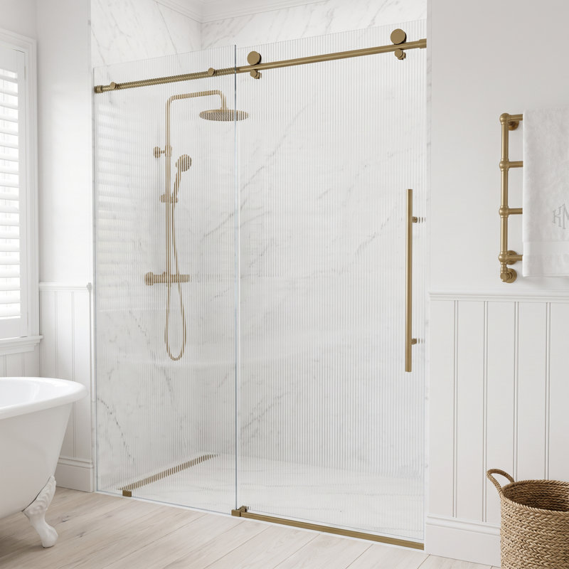 Elan E-Class 56-60" W x 76" H Sliding Frameless Shower Door with 3/8" Fluted Glass, Matte Brushed Gold, Left