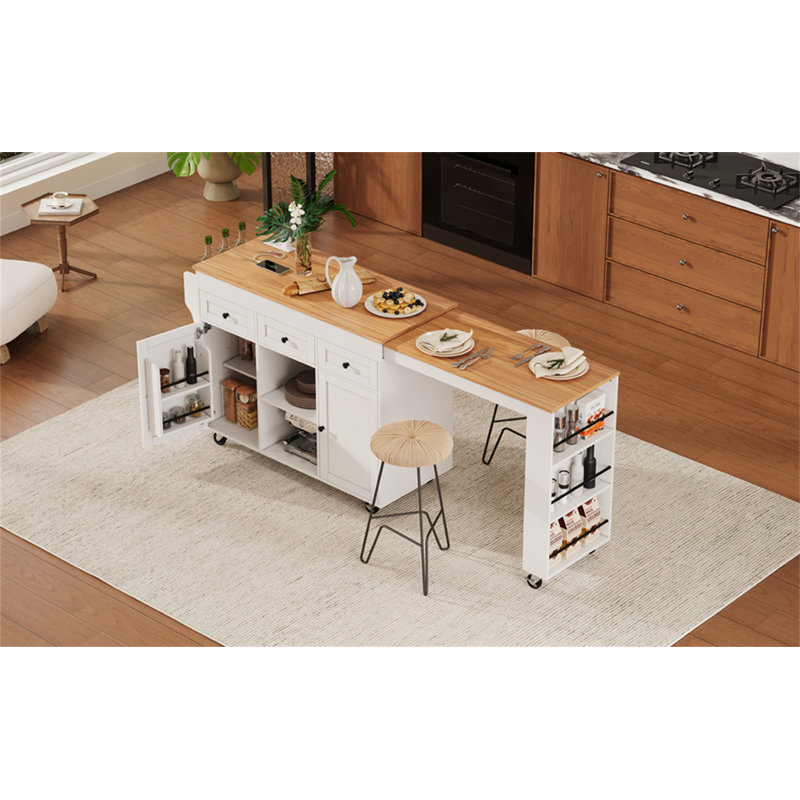 85.5" Kitchen Island With Extendable Dining Table, White