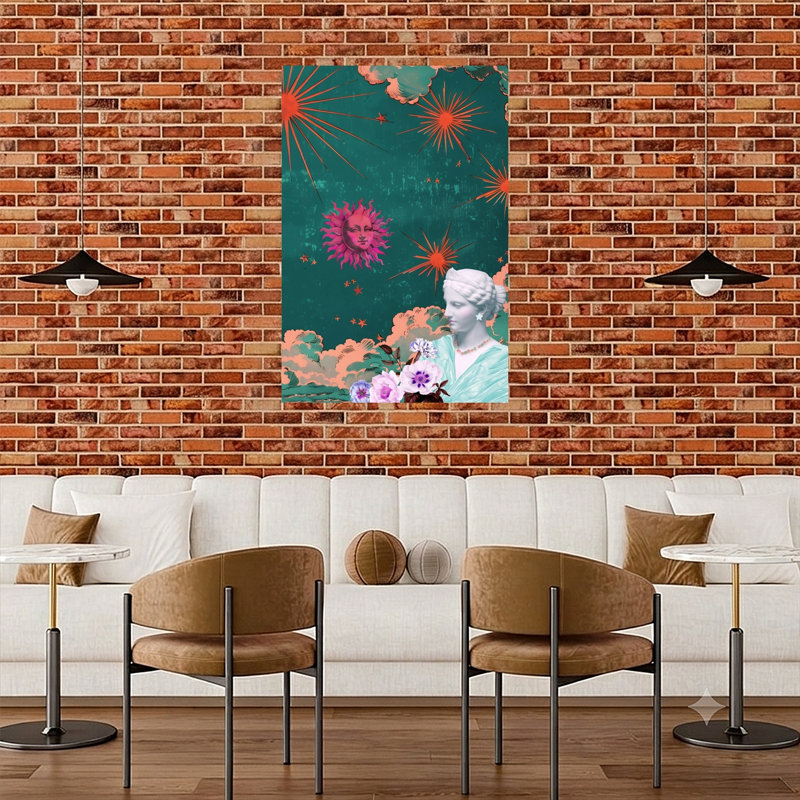 Affiche murale représentant une déesse du soleil dans un paysage floral céleste, onirique et mystique., 48" H x 32" W