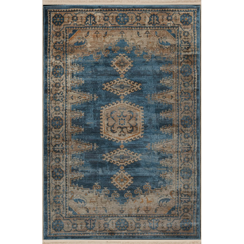 Tapis décoratif bleu à motif frangé, Tapis de couloir 3 pi 3,37 po x 6 pi 6,74 po