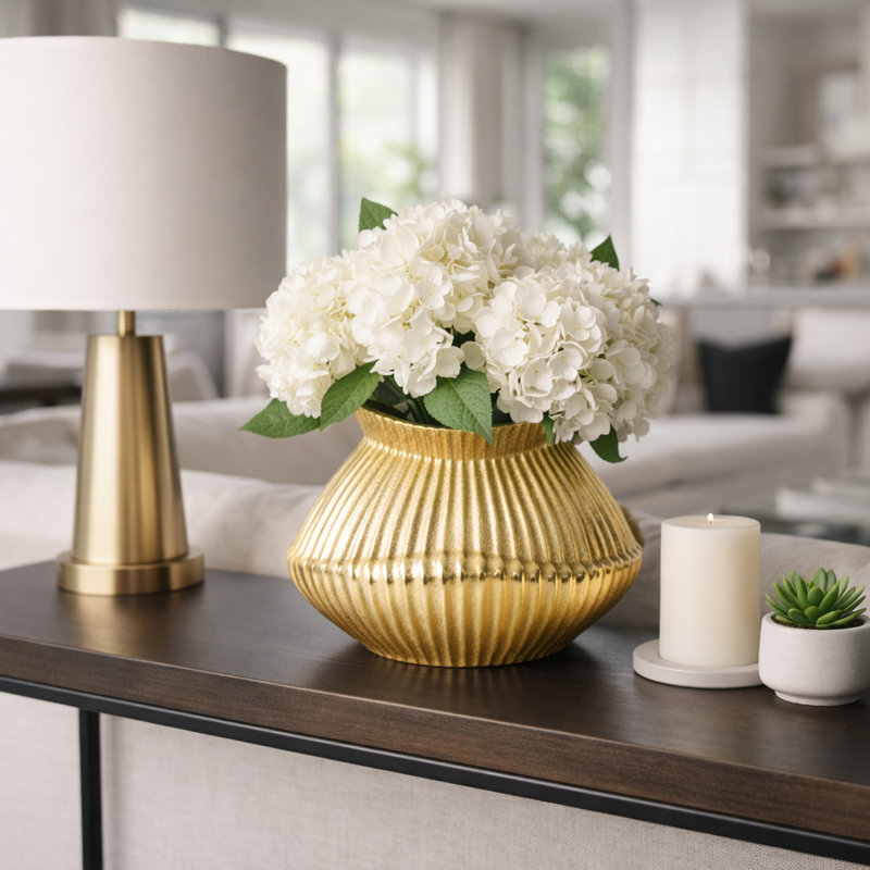 Elegant Ribbed Metal Table Vase for Home Decor - Sculptural Flower Vase Accent for Living Room and Shelf Styling - Gold