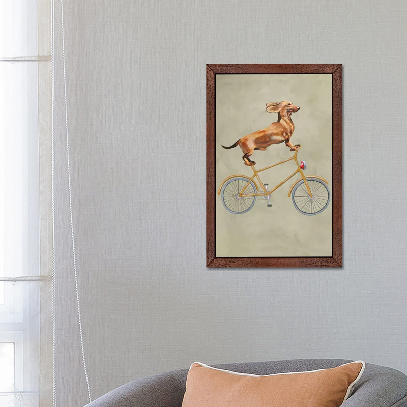 Dachshund On Bicycle I by Coco De Paris - Print on Canvas, 66.04 cm H x 45.72 cm W, Brown Framed