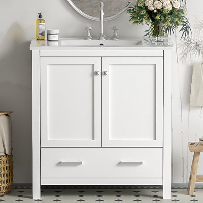 Meuble-lavabo blanc de 30 po avec lavabo simple, armoire combinée, lavabo sous-comptoir et rangement multifonctionnel pour les salles de bain organisées