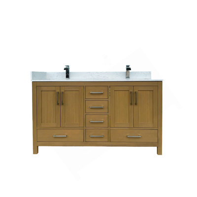 Meuble-lavabo 60 po avec lavabo double et trou pour robinet, meuble-lavabo avec 4 portes et 6 tiroirs en chêne désert