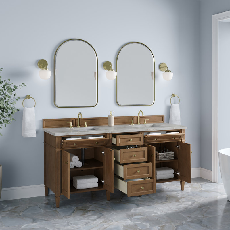 Dussault 72" W Double Vanity, Victorian Silver, 8" Widespread, Pecan