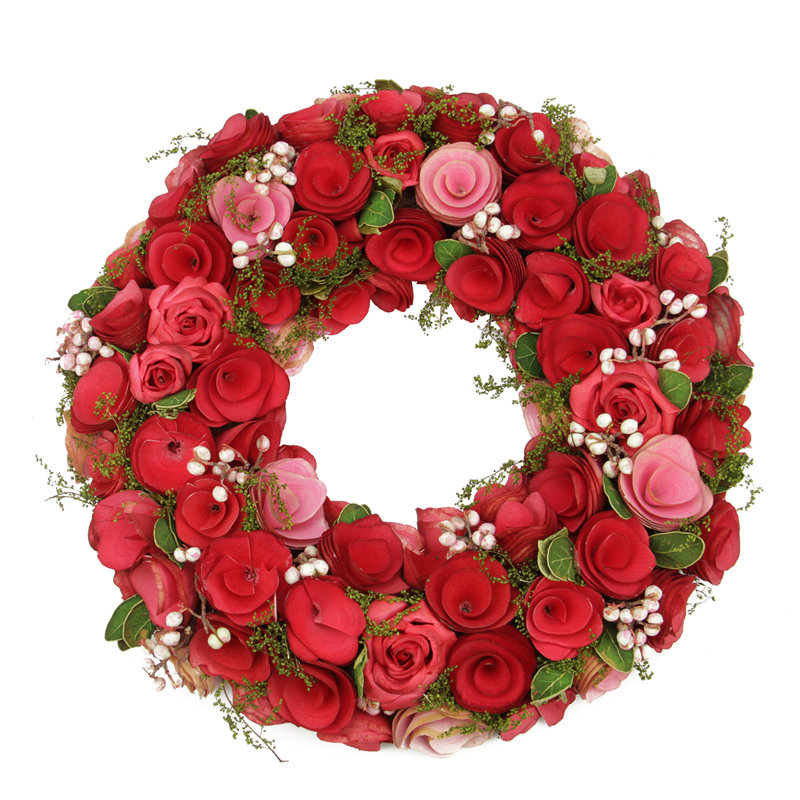 Couronne artificielle rouge et rose en bois avec baies blanches 12 pouces