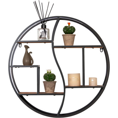 Tablette flottante ronde murale - structure en métal avec organisateur de présentation en bois rétro pour le salon, la salle de bain, le décor de la cheminée