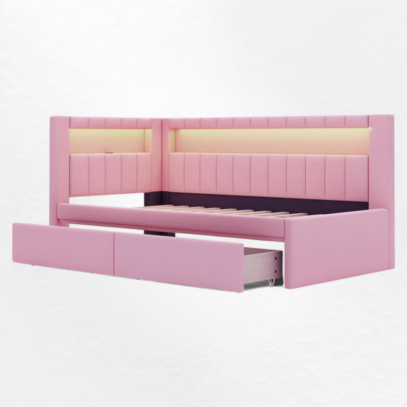 Upholstered Daybed With Drawer, Twin, Pink