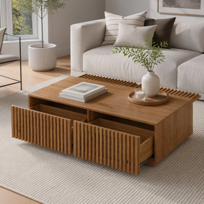 Mid Century Modern Solid Wood Coffee Table With Slatted Storage Drawers, Rectangular Low Profile Wooden Cocktail Table, Farmhouse Hidden Storage Cente