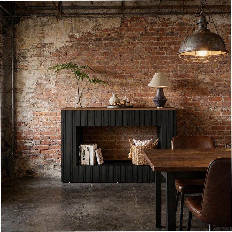 Table d'entrée moderne avec corps cannelé noir et plateau en noyer, beaucoup de rangement pour la décoration contemporaine