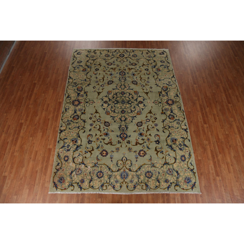 Tapis vert unique en laine noué à la main de style années 1970 8 pi 0 po x 11 pi 1 po Roenia