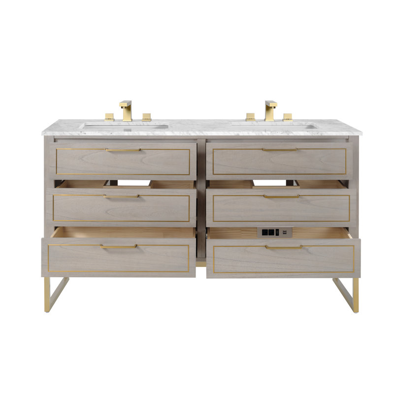 Markham 60'' W Double Vanity, Cashmere Gray, Carrara Marble, Satin Brass