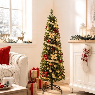 Sapin de Noël artificiel mince de 1,5 m, pré-illuminé, avec 150 lumières DEL blanc chaud, 350 branches réalistes, support métallique pliable, sac de rangement inclus, installation facile et adaptée aux familles et aux animaux de compagnie