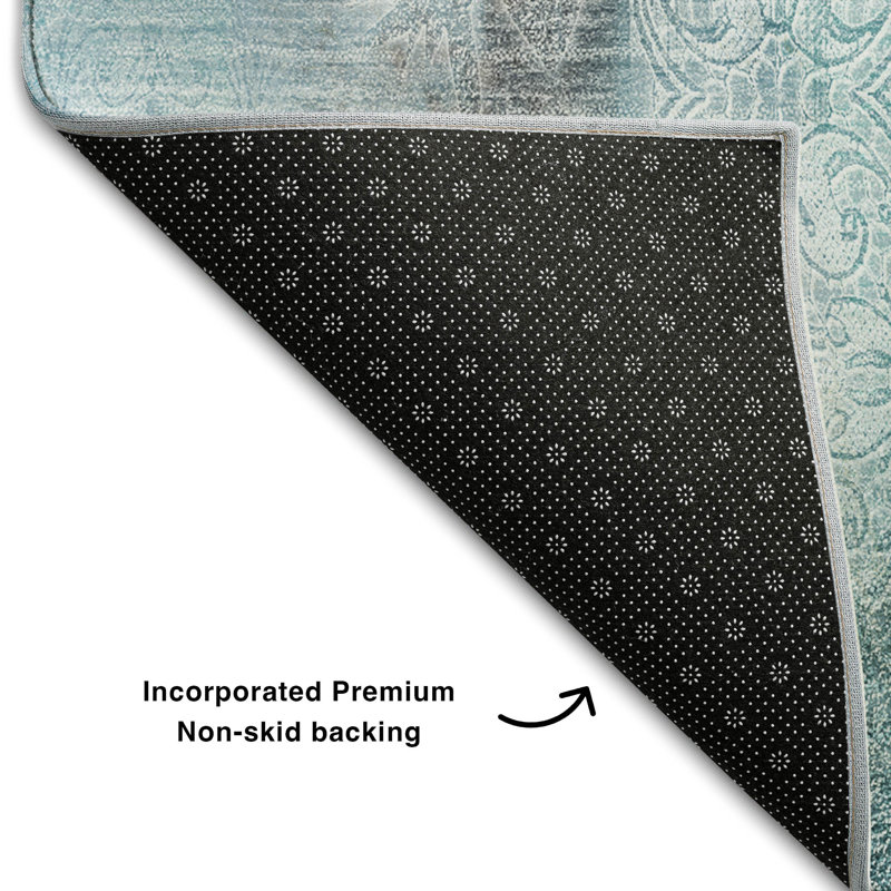 Teal Rectangular Washable Non-Slip Synthetic Rug 46" x 30"