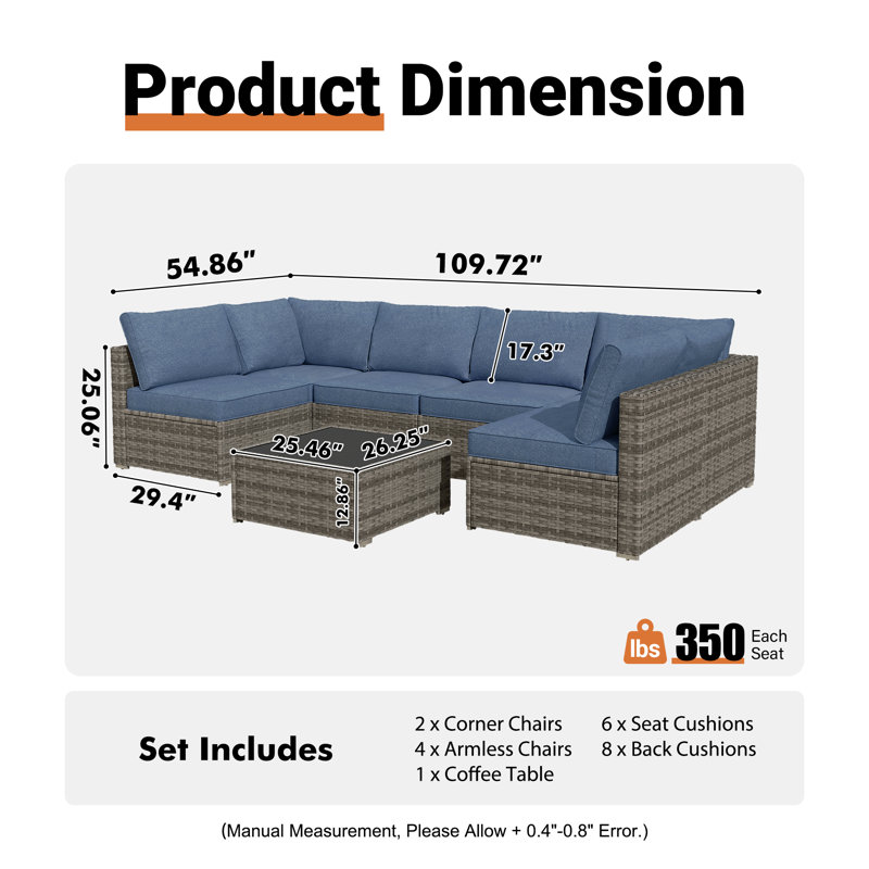 Chappotin 7 - Piece Outdoor Conversation Set,  Wicker Patio Seating Group, All Weather Sectional Sofa Set with Cushions for Garden, Backyard
