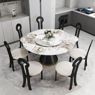 8 Seat Modern Round Sintered Stone Dining Table With Rotating Tray,modern Key-shaped Dining Chairs