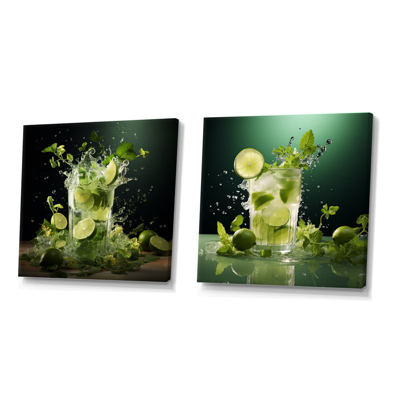 Mojito Cocktail Citrus Blist - Ensemble de 2 collages carrés cocktail, H 30 po x l 61 po, Toile tendue