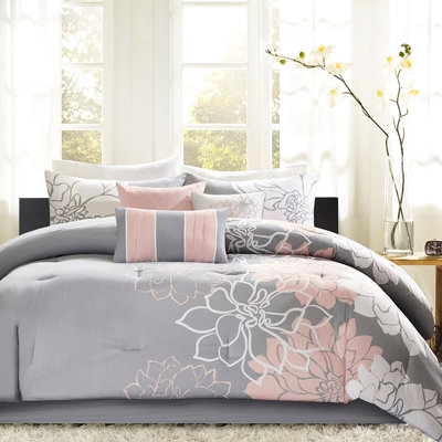 Édredon très grand lit - Édredon et jupe de lit en coton à imprimé gris / pêche avec coussins tendance
