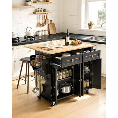 Kitchen Island Cart with Drop Leaf, Spice Rack and Towel Bar, Black