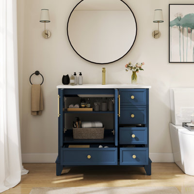 Ensemble de meuble-lavabo moderne 35,6 po avec surface peinte, meuble-lavabo autoportant de style Mid-Century avec rangement, meuble-lavabo haut de gamme avec tiroirs et poignées en métal