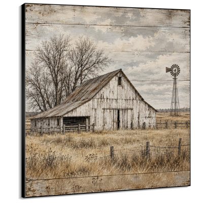 Très grande reproduction d'art sur toile - Grange blanche rustique avec moulin à vent et champ de campagne pour le salon ou la chambre à coucher - «Assemblage requis du cadre (cadre non fini)»
