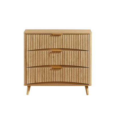 Fluted 3 Drawer Dresser Set of 2, Modern Tall Chest of Drawers with Vertical Grooved Design, Wood Storage Cabinet with Metal Handles for Bedroom Livin