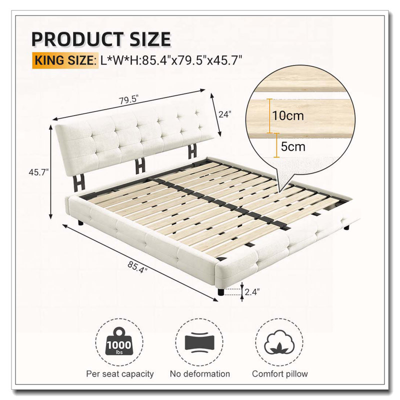 Chenille Platform Bed With Metal And Double Support, King, White