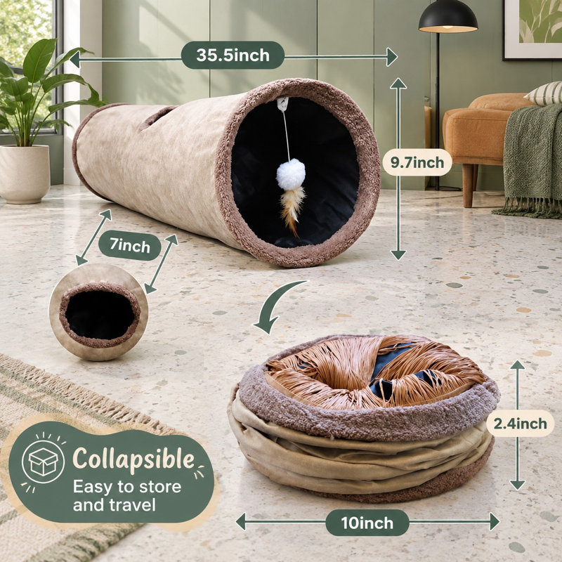 Mesurant 35 pouces de long et 9,7 pouces de diamètre, ce tunnel pour animaux de compagnie en tissu froissé se replie pour le rangement et est fourni avec des jouets pour chats.
