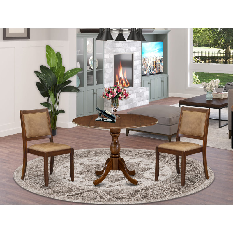 0DD9D79E839148F298B2B926DBB81171 3-pc Dining set included a Round Table and 2 Brown Textured Faux Leather stackable Chair, Antique Walnut Finish.