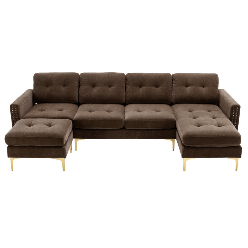 Canapé modulaire convertible en L 110 po avec repose-pieds mobile pour salon, appartement, bureau, brun