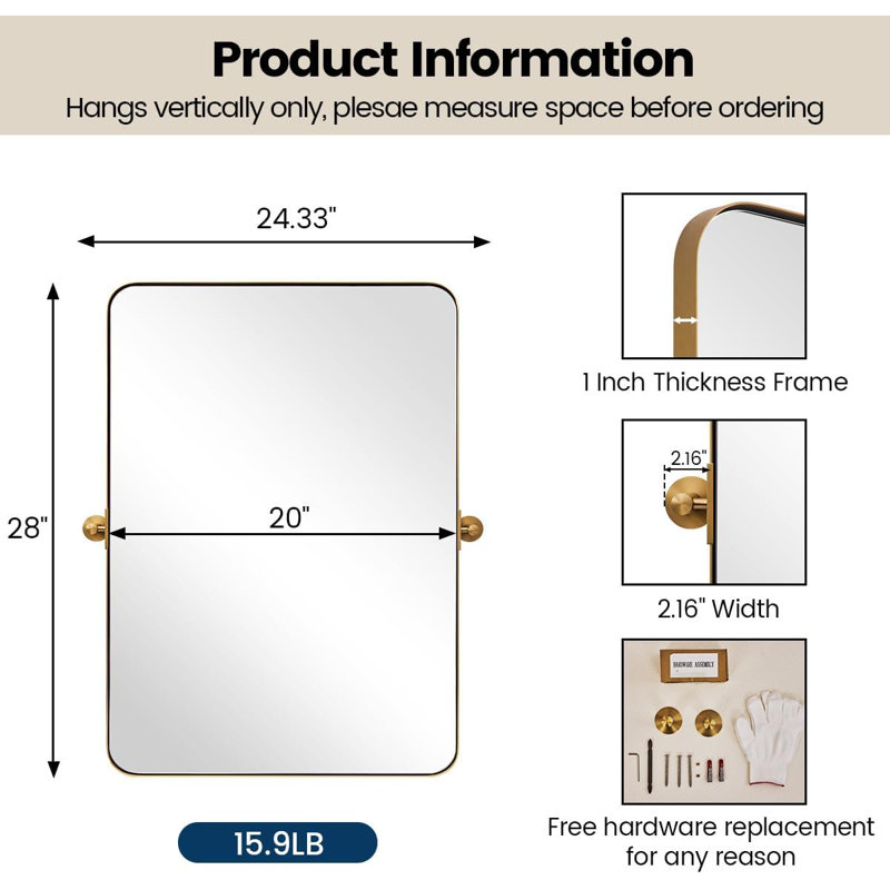 Miroir de salle de bain mural moderne inclinable | Cadre pivotant en acier inoxydable, Or brossé, 28 po x 20 po