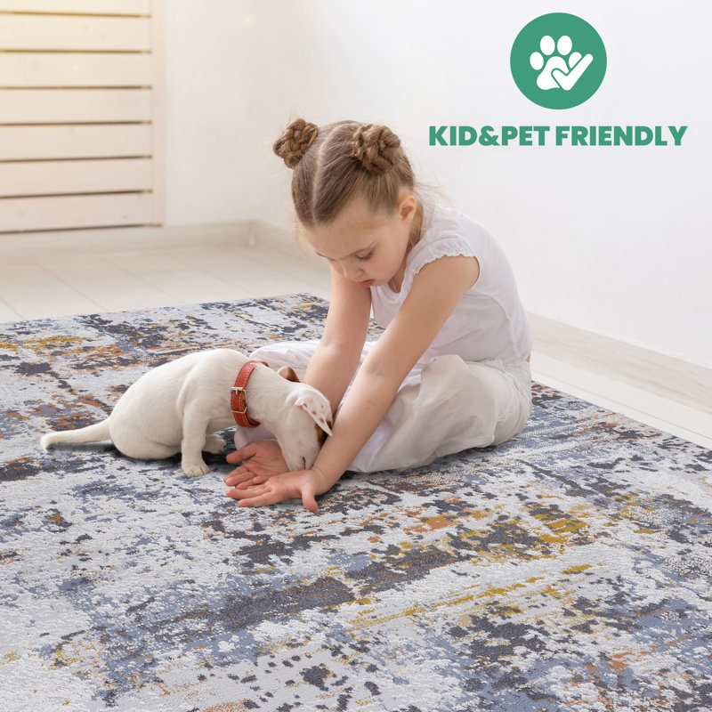 LOOM & LUXE Collection Ivory/Blue/Abstract Non-Shedding Area Rug, Rectangle 2' x 3'