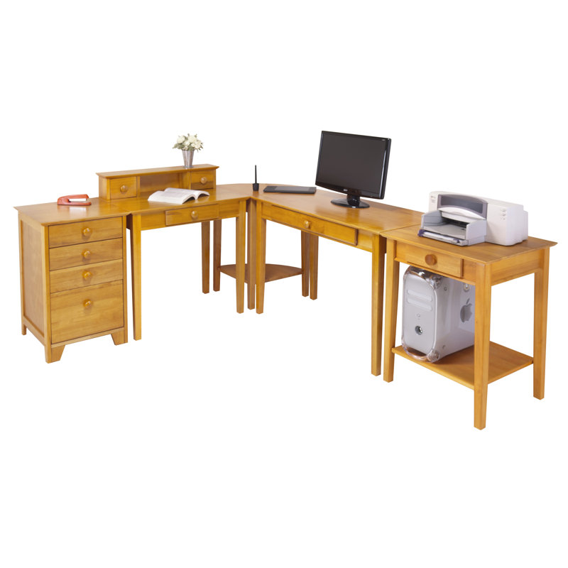 Transitional Honey Pine Wood Home Office Desk Set with Hutch and Storage