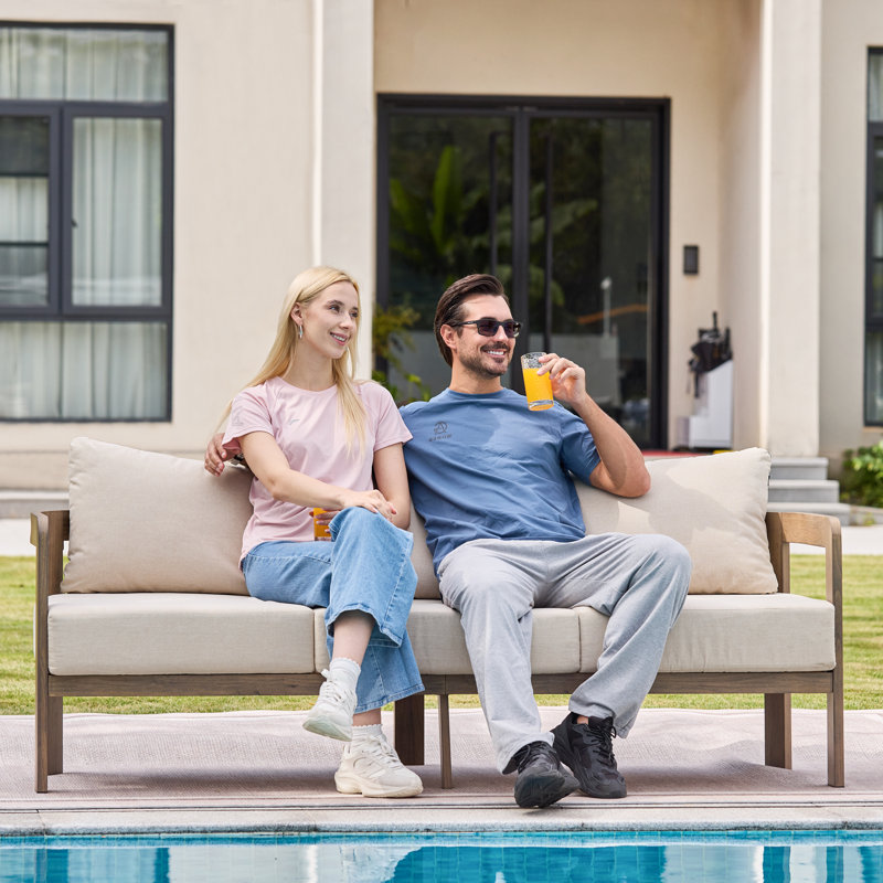Aluminum 3-Person Patio Sofa With Thick Cushions, Beige Cushion/Brown Frame