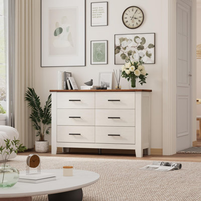 Commode 6 tiroirs pour chambre à coucher, commode en bois de ferme de 47 po de largeur avec glissières en métal, armoire de rangement grande capacité pour entrée de salon de chambre de bébé, blanc et brun