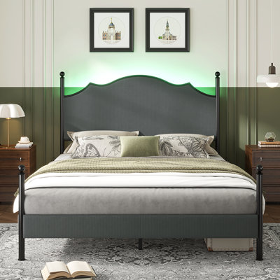 Lark Manor Upholstered Bed Frame With 51.2" Tall Headboard, Metal Four Poster/LED/Easy Assembly