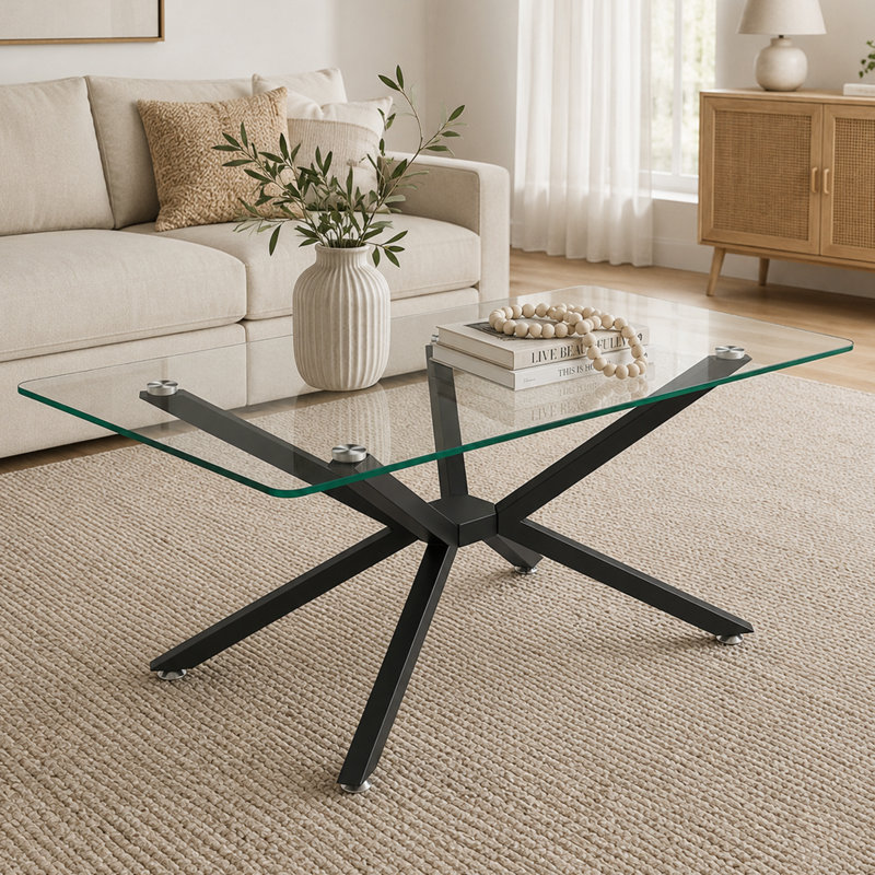 Modern Tempered Glass Coffee Table with Metal Base, Rectangular Living Room Dining Table, Transparent, Black
