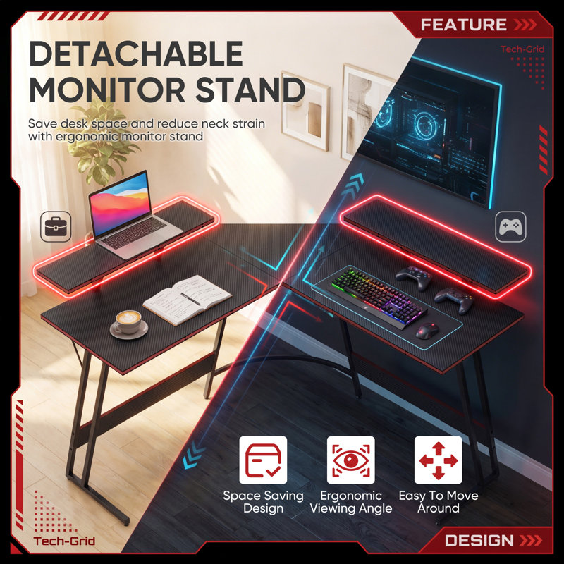 Sherri L Shaped Gaming Computer Desk with Large Monitor Stand, Black, 29" H x 47.24" W x 18" D