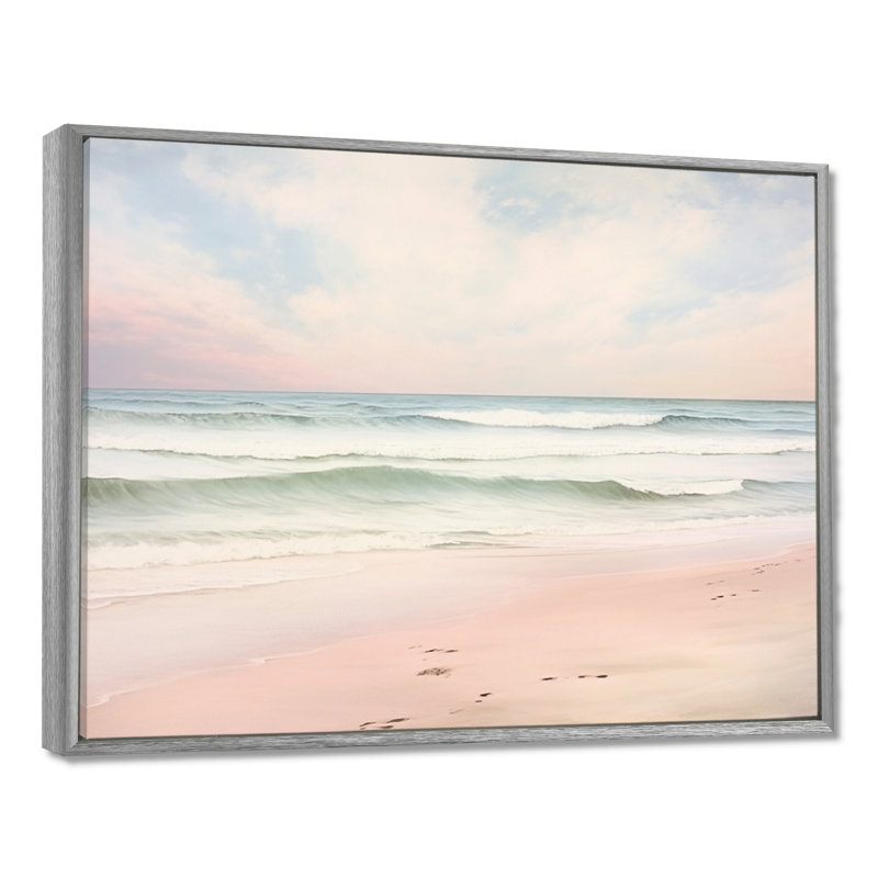 «Ocean Tranquility Tender Pink Pastel Sunrise I - Coastal Beach», art mural, H 12 po x l 20 po, Argent argent