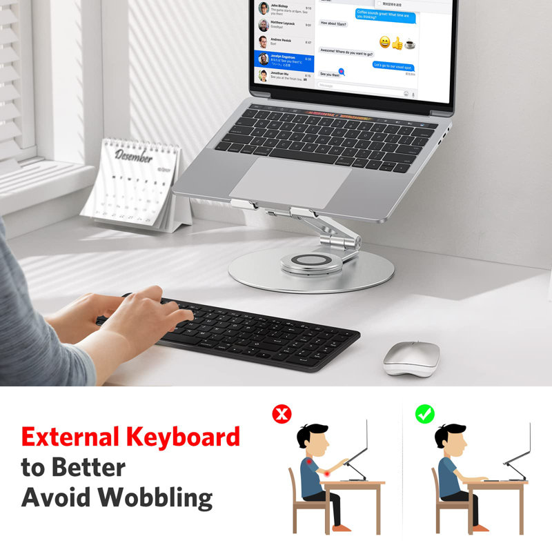 Support réglable pour ordinateur portable avec base rotative à 360 °, élévateur ergonomique pour ordinateur portable pour travail collaboratif, double arbre rotatif entièrement pliable pour un rangement facile, argent