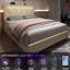 Structure de lit double avec ambiance, station de charge et hauteur de tête de lit personnalisable. Contemporain pour une chambre à coucher facile à assembler, fonctionnement silencieux, revêtement en lin d'aspect lin, haut-parleur, réglage.-337522694