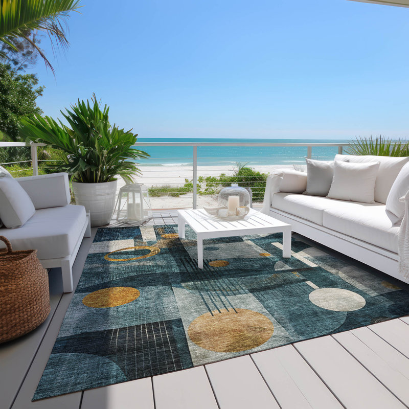Teal and Gold Geometric Washable Synthetic Area Rug