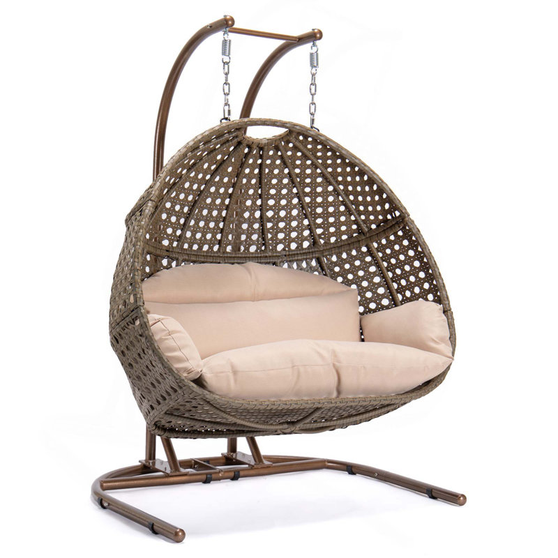 Balancelle suspendue en osier avec support et coussin, Beige/brun