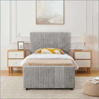  Lit escamotable à rayures verticales en chenille, lit d'invité gigogne tapissier avec dossier haut rembourré, lit convertible simple à double pour chambre d'amis