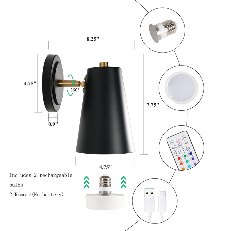 Modern LED Dimmable Color-Changing and Timer Wall Sconce with Matte Black Metal Frame and Gold Accents, for Bedroom, Living Room, Hallway(set of 2)