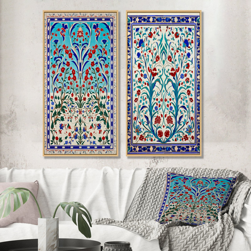 Porte de carrelage bleu marocain II - ensemble de 2 reproductions d'art mural, Cadre flottant brun, H 32 po x l 33 po
