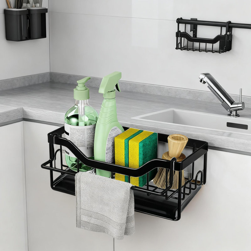 Organisateur de chariot d'évier de cuisine avec plateau de vidange automatique, porte-serviettes amovible, support en éponge en acier inoxydable pour rangement sur le comptoir
