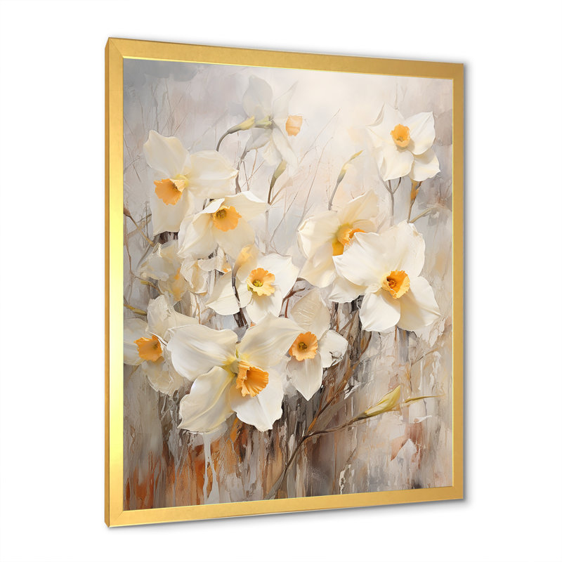 Minimalisme blanc et jonquilles oranges II - impression, Cadre doré simple, H 20 po x l 12 po x P 1 po